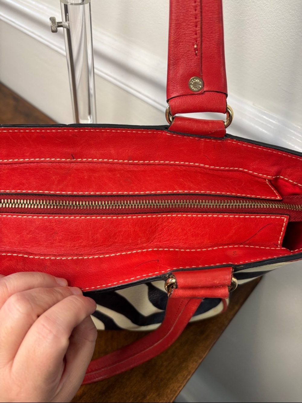 Dooney & Bourke Red Leather Trim Zebra-Print Tote Bag - Picture 14 of 16